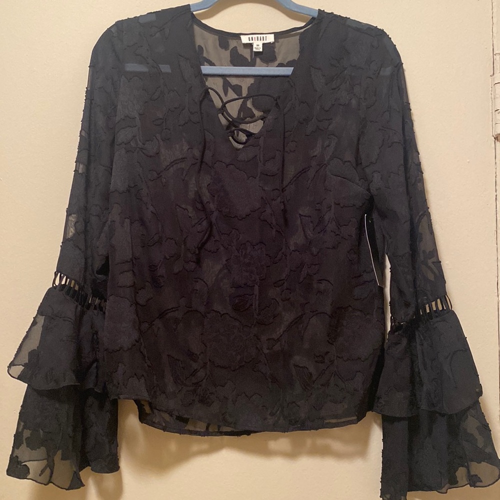 Black sheer floral burnout long bell sleeve top
